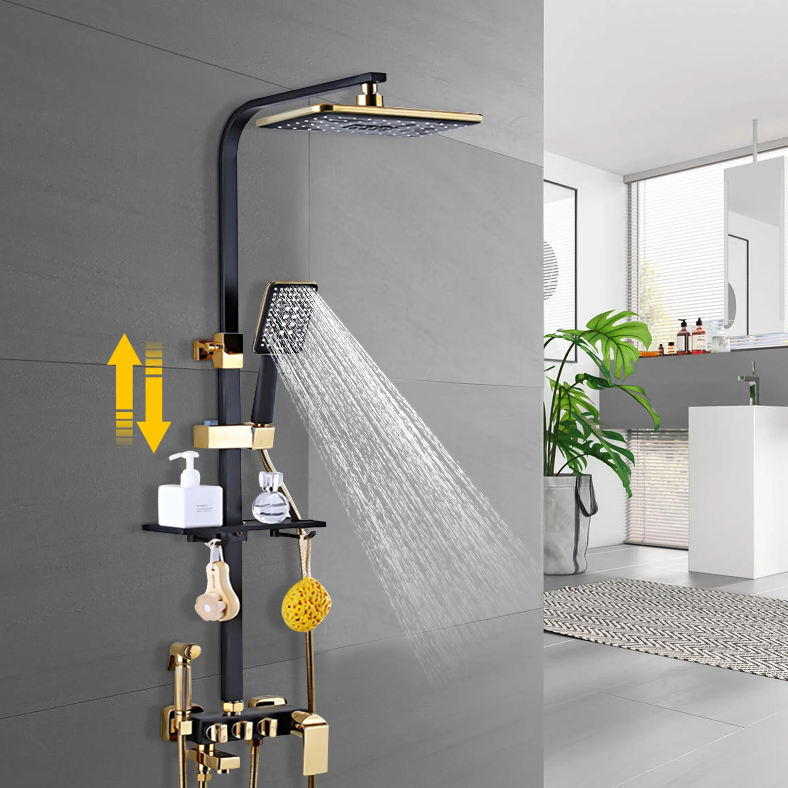 Bathroom Rain Shower Hand Shower Set Faucet Shower System Main Lever (29.53-47.24in) Black + Gold