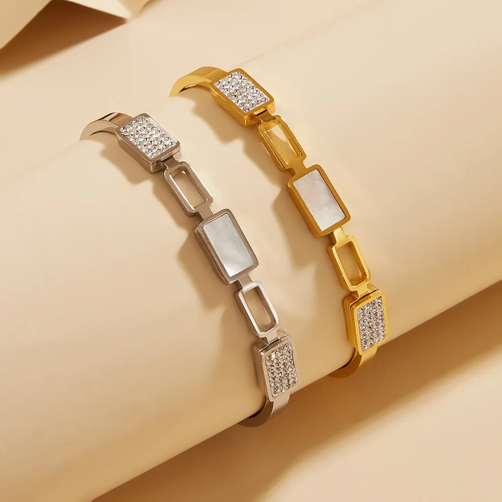 Rectangular shell full brick titanium steel bracelet, non-fading gold plated, fashionable high-end ladies bracelet in silver