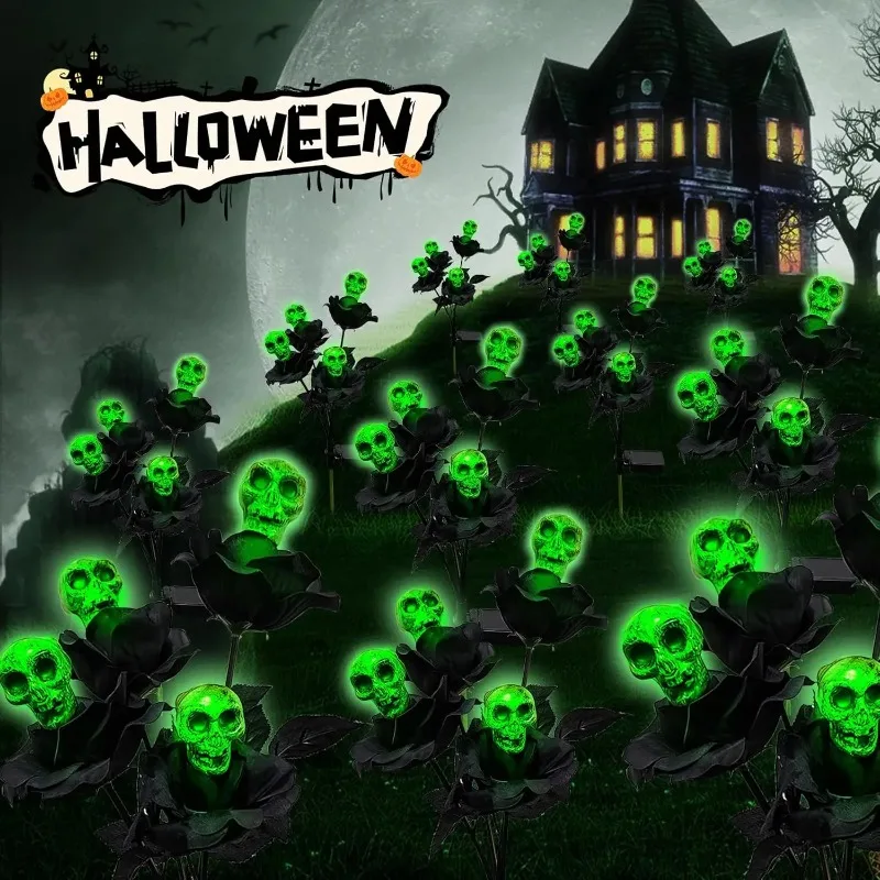Solar Powered Halloween Green Skull Light Waterproof Light Suitable for Outdoor Garden Lawn Balcony Path Halloween Decoration