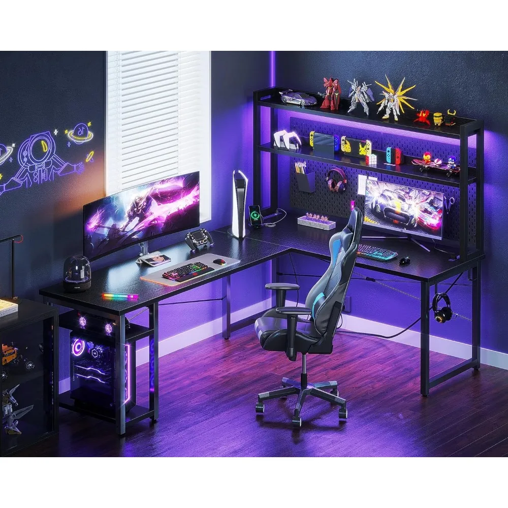 

L Shaped Gaming Desk with Hutch & Power Outlets & LED Strip & Monitor Stand, 66" Reversible Computer Desk with Storage Shelves