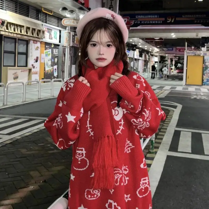 Kawaii Sanrio Hellokitty Autumn Winter Girl Long Sweater Sweet Cute Round Neck Sweater Loose Lazy Couple Windbreaker Casual Wear