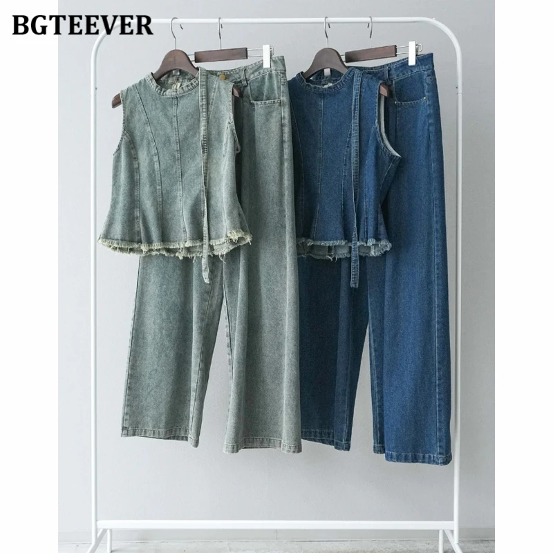 BGTEEVER Summer Women 2 Pieces Denim Trousers Set O-neck Sleeveless Tops Female Wide Leg Jeans Pants