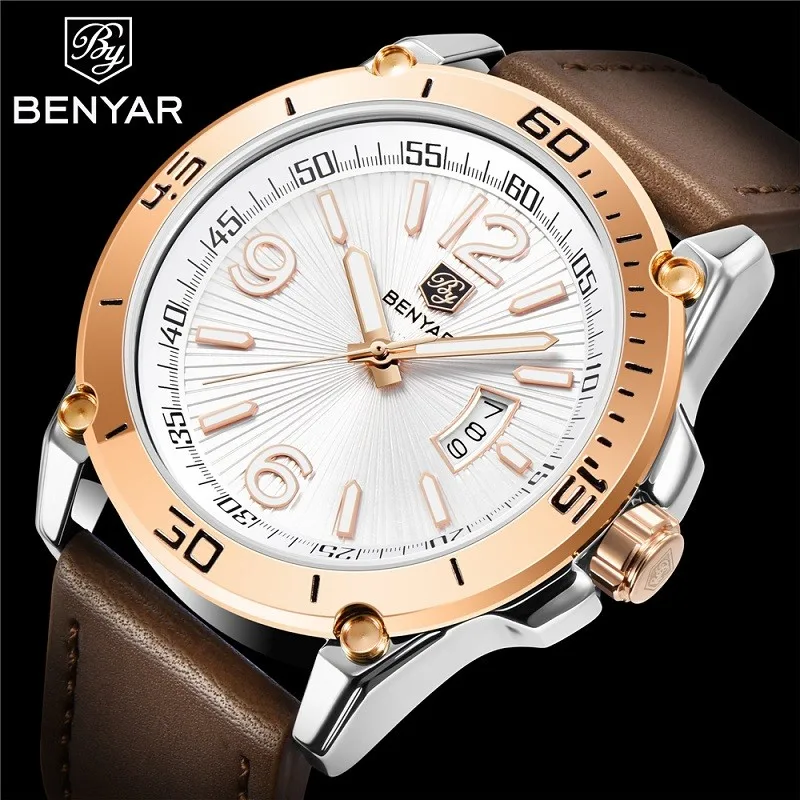 

Benyar Top Brand For Mens Watch Fashion Quartz Wristwatch Waterproof Luminous Hands Calendar Drop Shipping Relogio Masculino