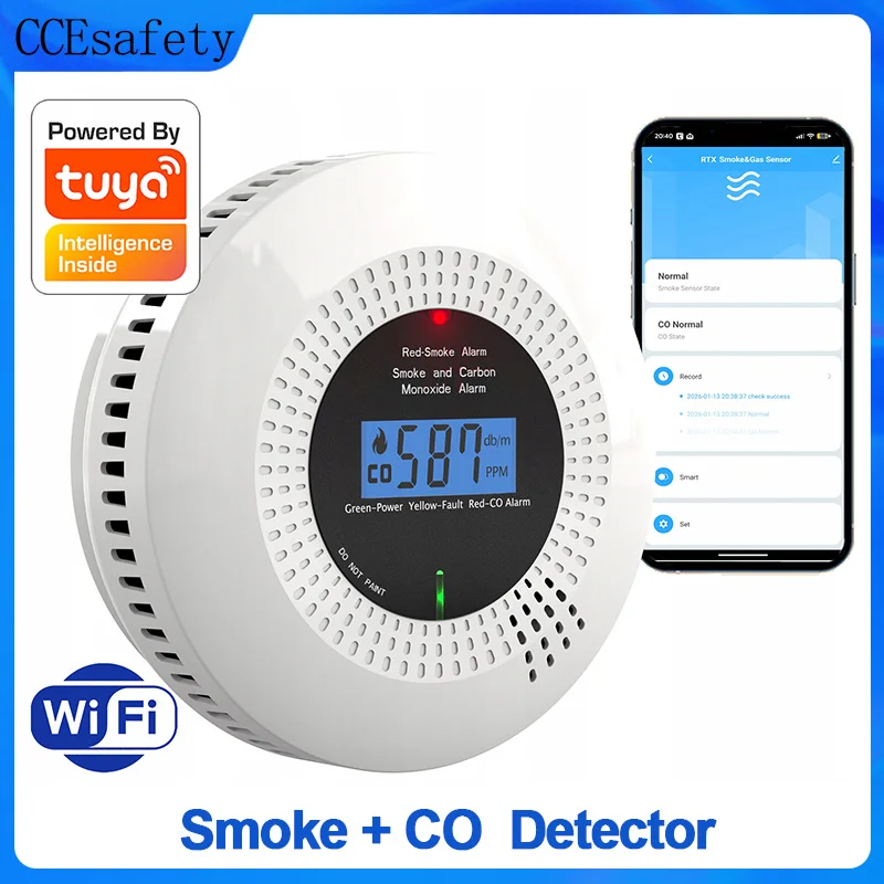 Detector de Humo y Monóxido de Carbono Wifi Tuya 2 en 1, Detector de Humo con Sensor de 10 Años, Pantalla LCD, Pilas AA para el Hogar, Vida Inteligente