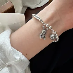 925 Sterling Silver Bracelets for Women Men Accessories Trendy Vintage Bear Simple Vintage Pendant Party Jewelry