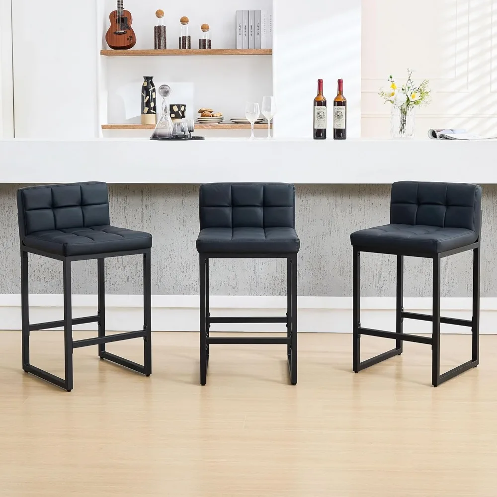 Set of 3 Counter Height Bar Stools, Upholstered Faux Leather with Low Back, Thickened Metal Legs, Modern Design