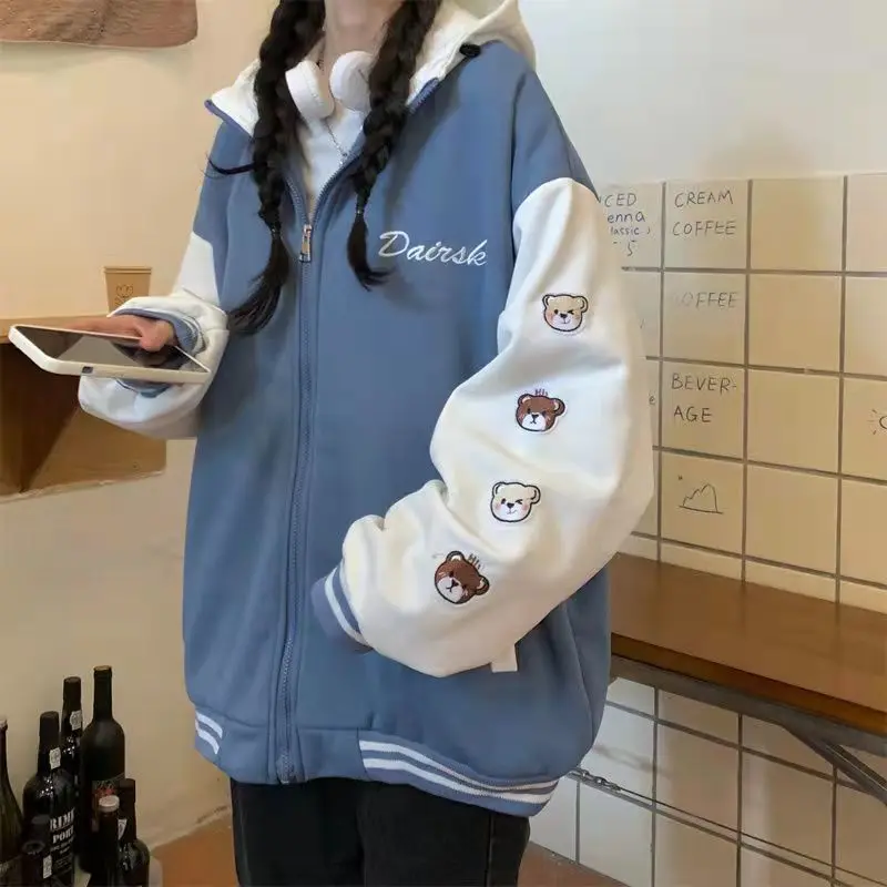 Casual Cartoon Bear Print Hooded Sweatshirt Women Korean Fashion Long Sleeve Loose Zipper Cardigan Hoodies Preppy Style Coats