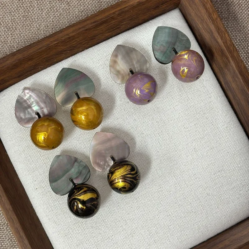 Natural Fritillary Love Earrings National Style Intangible Cultural Heritage Large Lacquer Round Bead Earrings Niche Gentle