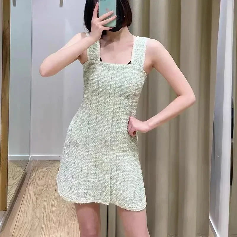 

2022 Green Young Woman Dress Tweed Suspender Summer Fashion Dress Women