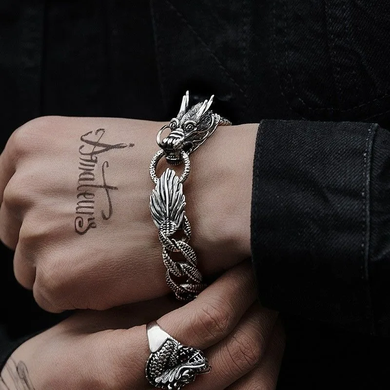 Retro Dragon Keel Bracelet, Domineering Punk Hip Hop Dragon Head Wrist Jewelry