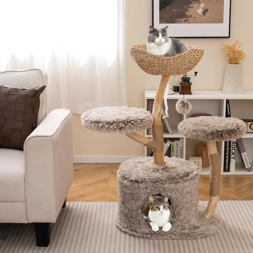 

Solid Wood Cat Tree, Multi-Level Cat Tower with Well-Woven Cattail Basket, Luxury Condo, Scratching Posts, Customized