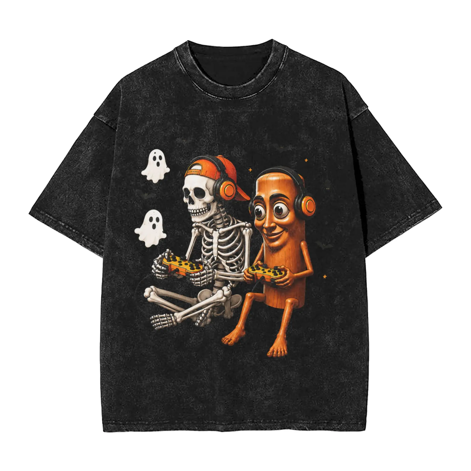 Streetwear Washed T Shirt Halloween Tung Tung Sahur Skeleton Gamer Video Gaming Loose T Shirts Tshirt Summer Awesome Casual Tees