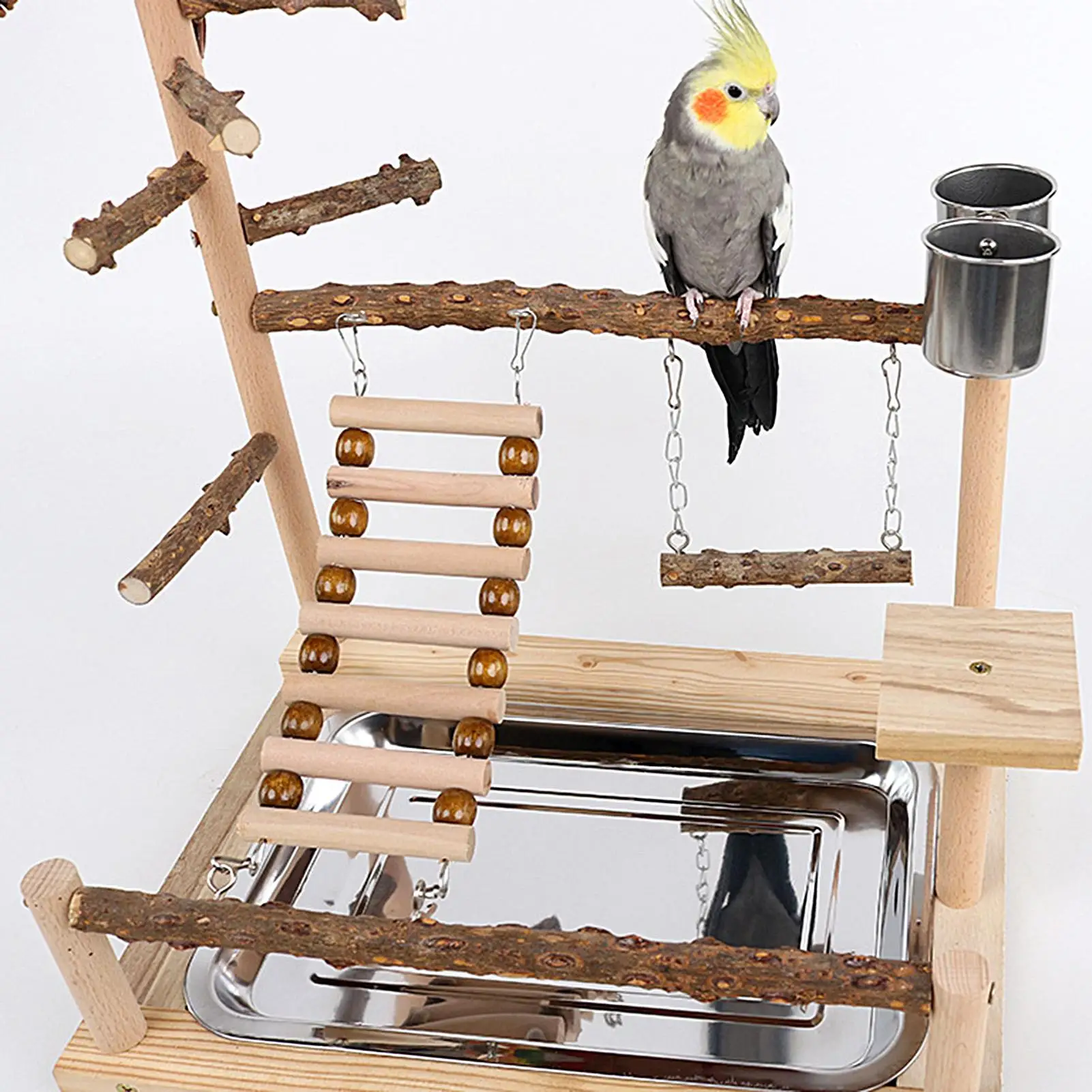 

Деревянная игровая площадка для попугаев: качели с подставкой и миской из нержавеющей стали для корелл, конуров, финков, неразлучников – для тренировок и развлечений