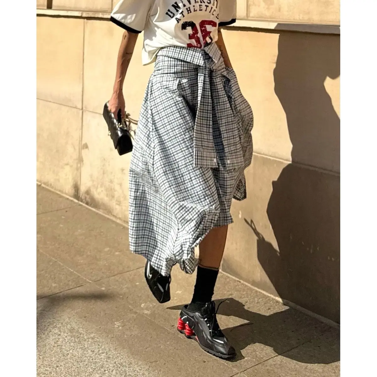 Two-color Design Diagonal Lace-up Skirt with Elastic Waist