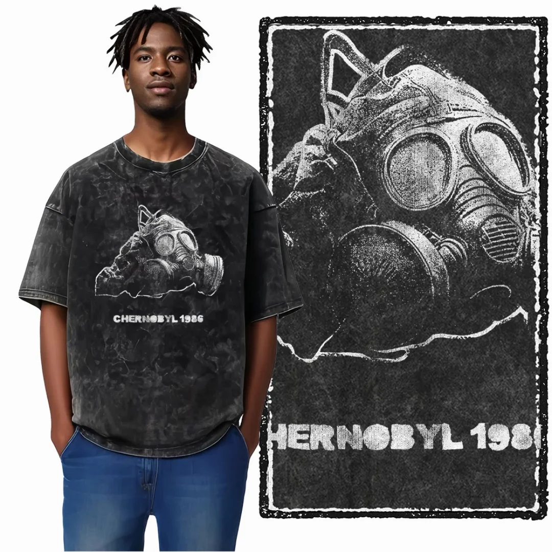 

New Vintage Washed Chernobyl 1986 Gas Mask Skull Graphic Men T Shirt Oversized Black T-Shirt Worn-in Casual Streetwear Tee