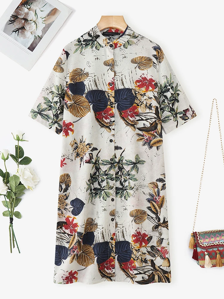 เดรสเชิ้ตแฟชั่นฤดูร้อน ZANZEA ปี 2025 สำหรับผู้หญิง ลายพิมพ์วินเทจ คอตั้ง แขนครึ่งตัว ชุดเดรสลำลองติดกระดุม