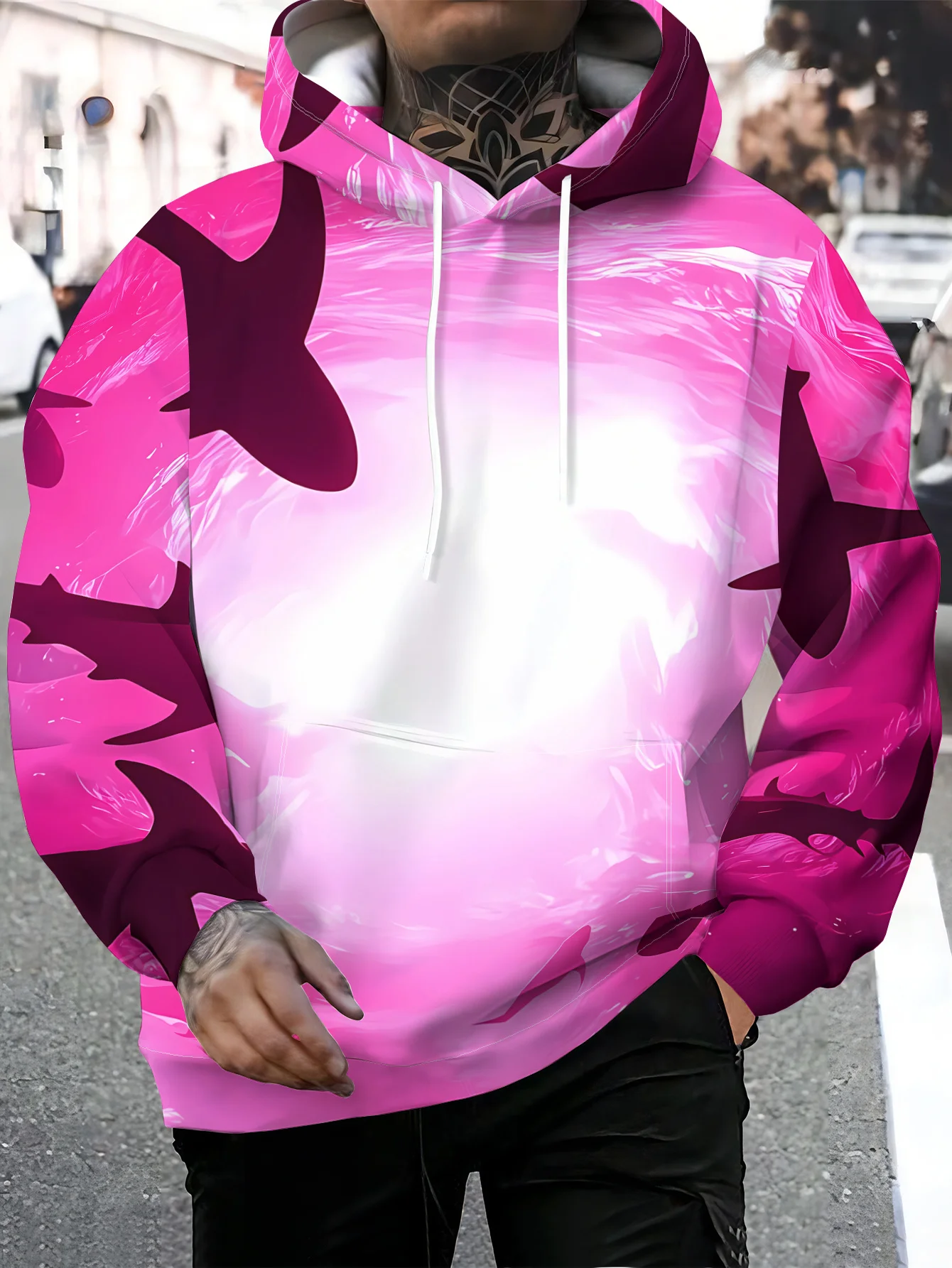 Men Pink Gradient Shark Silhouette 3D Print Hoodie Ocean Animal Long Sleeve Casual Oversized Hooded Pullover