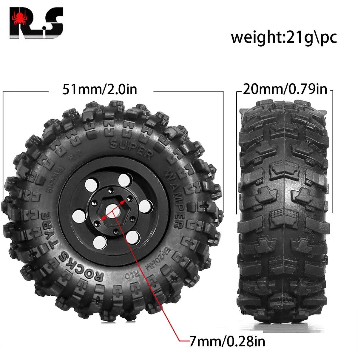 RS 1/24 RC Crawler Metal Wheels And Tires For FMS FCX24 Camel Trophy 90 R176 51mm 20mm 7mm Hex Hub