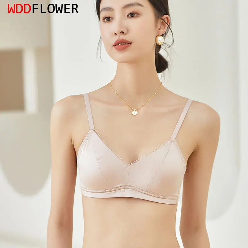 Women Silk Bra 93% Mulberry Silk 7% Spandex Charmeuse Silk Sexy Triangle Thin Type Padded Wire Free Bralette  S M L XL TG212