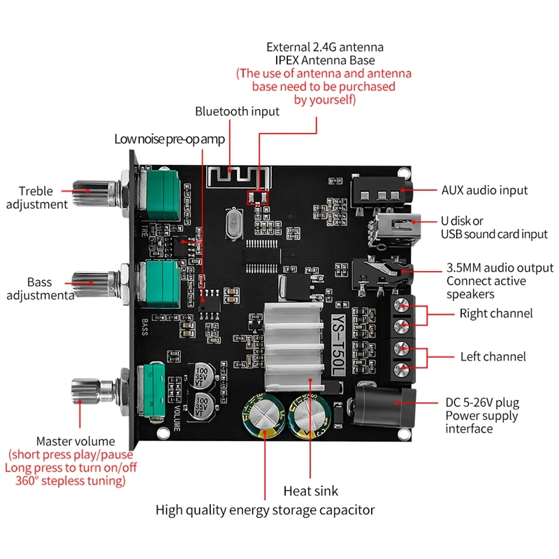 YS-T50L Bluetooth Digitaal Versterkerbord 50wx2 Bt5.1 Met Front-End High-Bass Aanpassing Stereo Audio Versterker DC5-26V