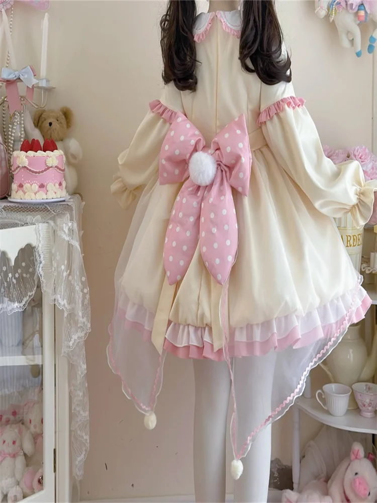 Kimokokm-kawaii lolitaフリル長袖ドレス、ピータパンカラーコスプレボウ、キャビン、リニミニドレス、ピンセット