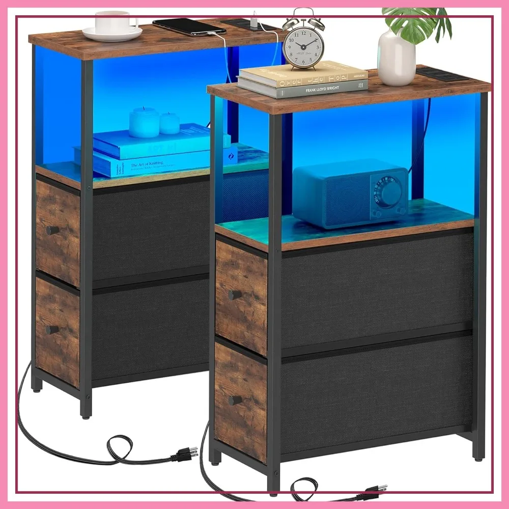 

Narrow LED End Table with Charging Station, 2 Drawers, Set of 2, Brown