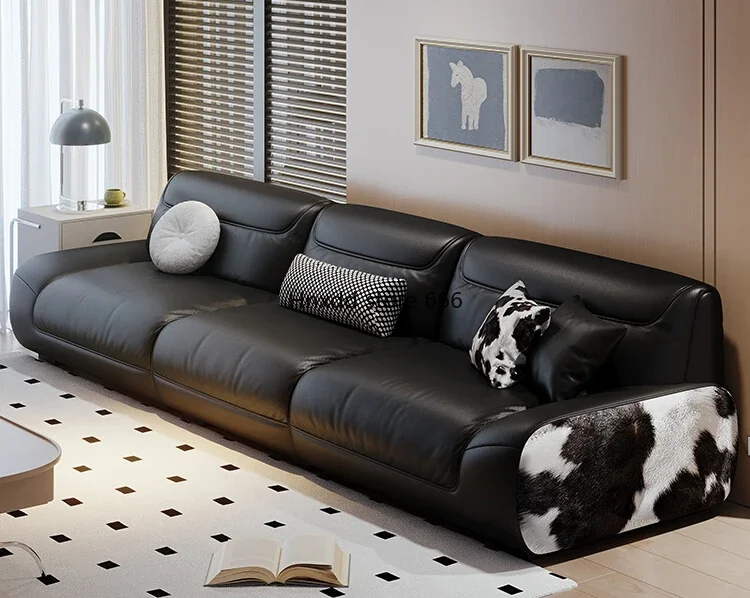 Modernes einfaches Wohnzimmer gerade Reihe großes schwarzes Rindsleder sofa