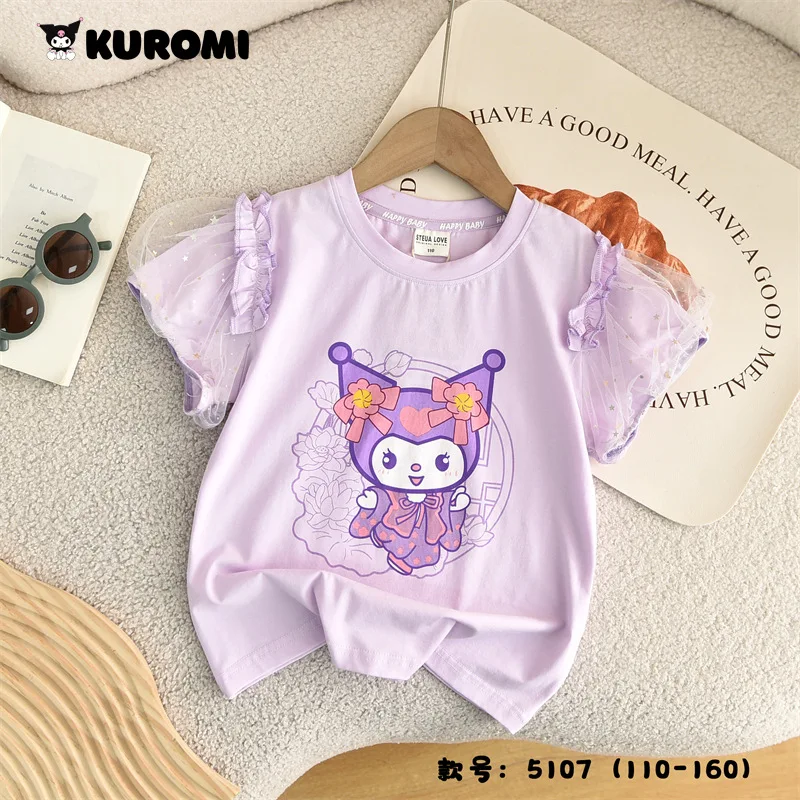 Sanrios dzieci z krótkim rękawem Anime Kawaii Cinnamoroll Kuromi dziewczęcy t-shirt uroczy moja melodia kreskówka wydrukowane bluzki letnie ubrania dla dzieci