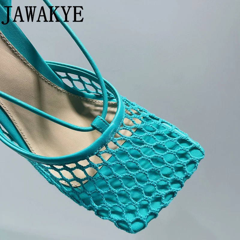 Runway Brand Air Mesh Sandals Women High Heel Sexy Ankle Strap Square Toe Female Mules High Quality Luxury Ladies Party Shoes