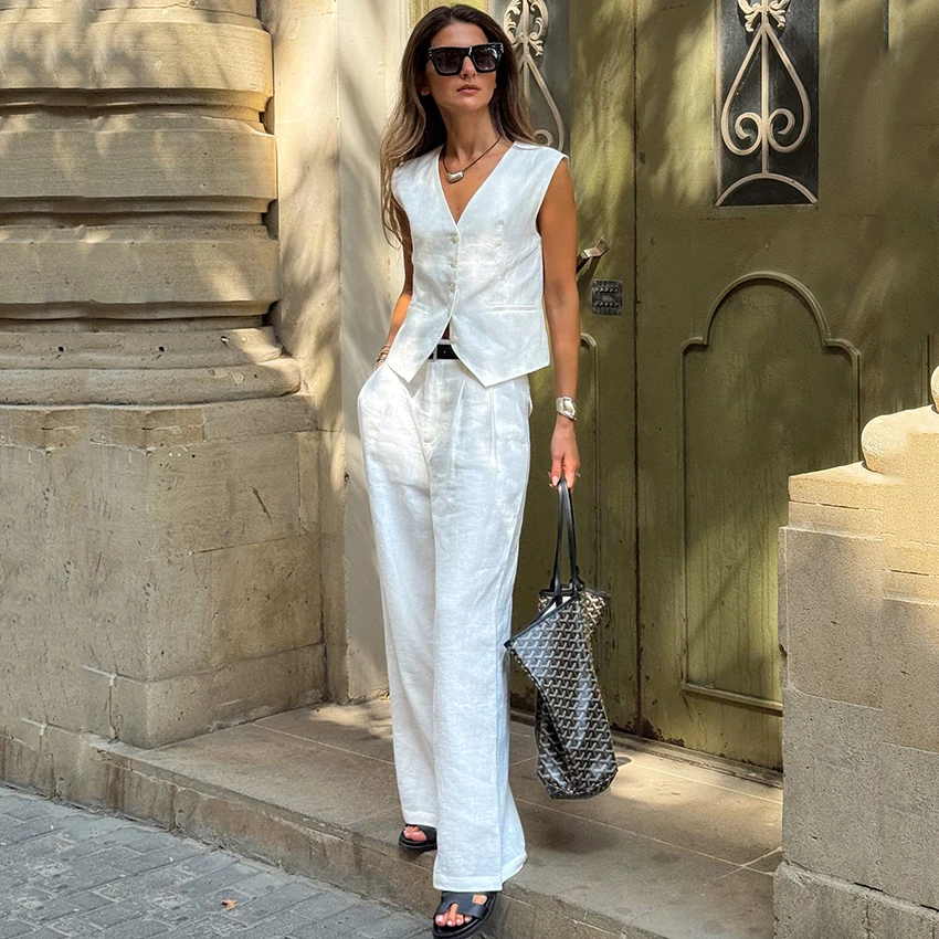 

Linad Street Chic White Wide Leg Pants Suits 2026 Spring Elegant Single Breasted Tank Top With Loose Trousers 2 Piece Sets Women