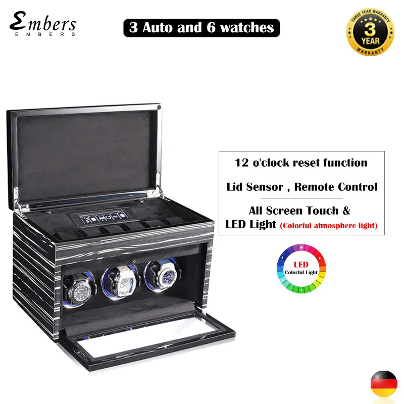 Embers 2026 New Watch Winder 2 3 4 6 8 Slots Wooden Watch Storage case LCD Display Touch Screen With Ambient Lighting