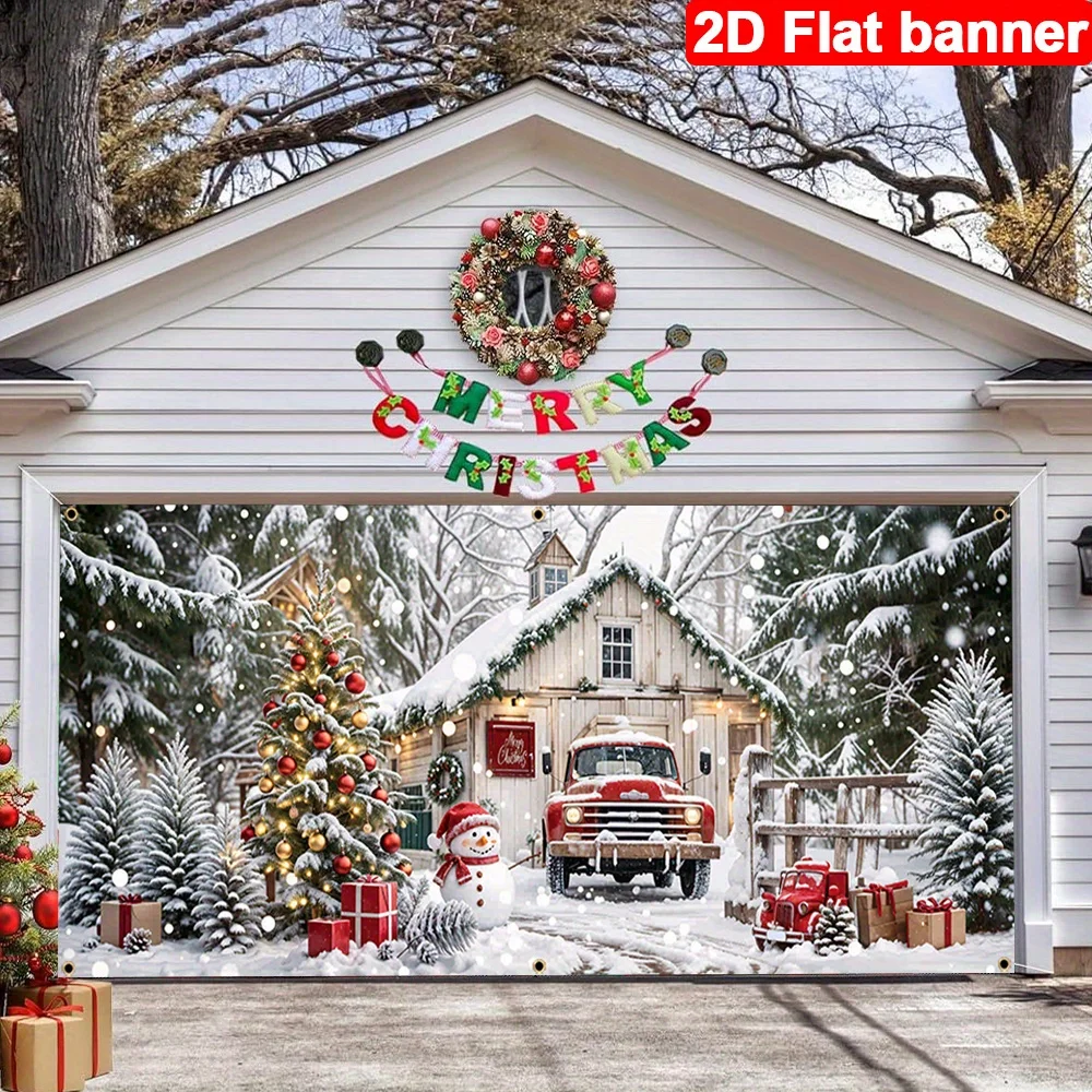 

1pc Large 2D FLAT Christmas Garage Banner - Snowy Cabin & Tree Scene With Red Truck, Durable Polyester Wall Hanging