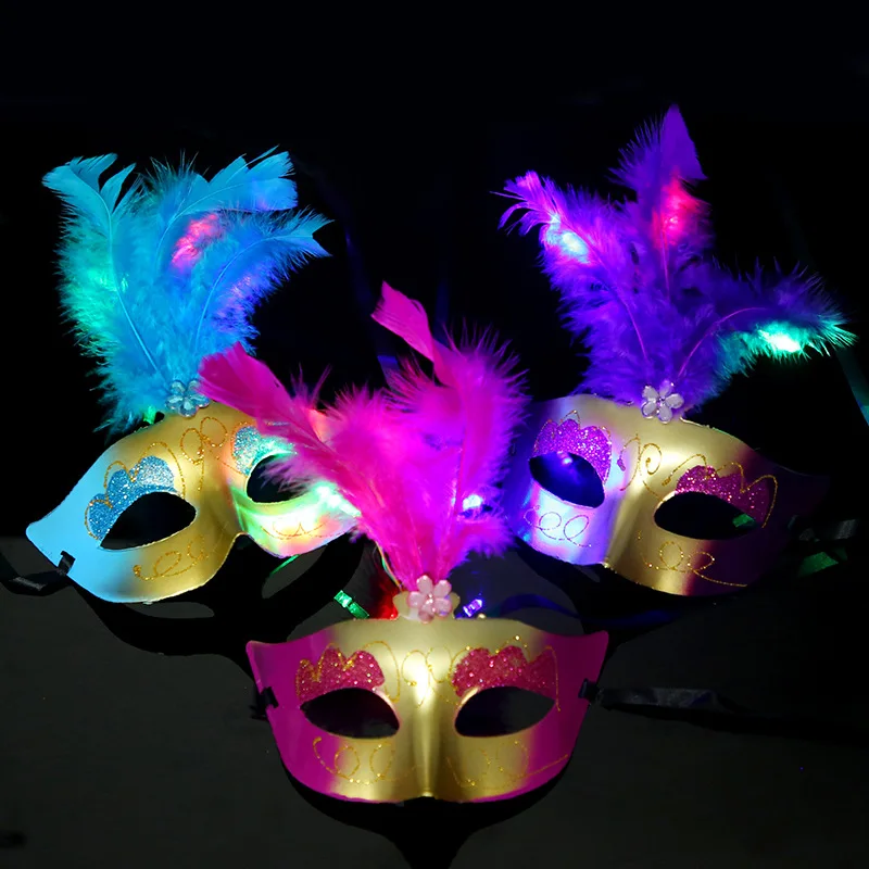 20pcs Party Glow Feather Mask LED Lights Flash Bar Prom Mardi Gras  Parade Dress Up  Costume       navidad Wedding Festival