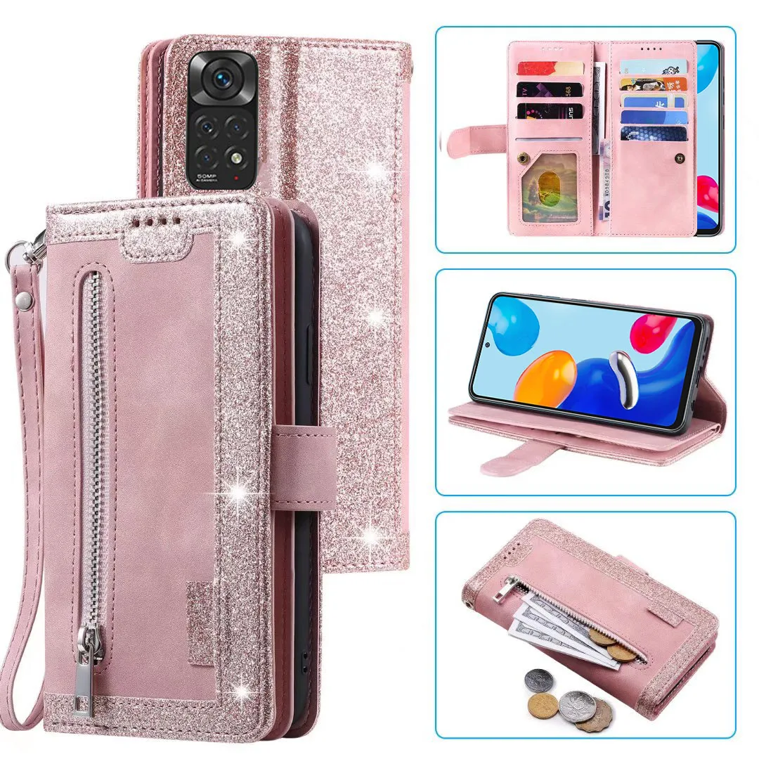 

Glitter Powders Zipper Wallet Case for Xiaomi Redmi Note 12 11 10 9 8 Pro Redmi 10C 10 9C 9A 9 Dual Layer PU Leather Flip Cover