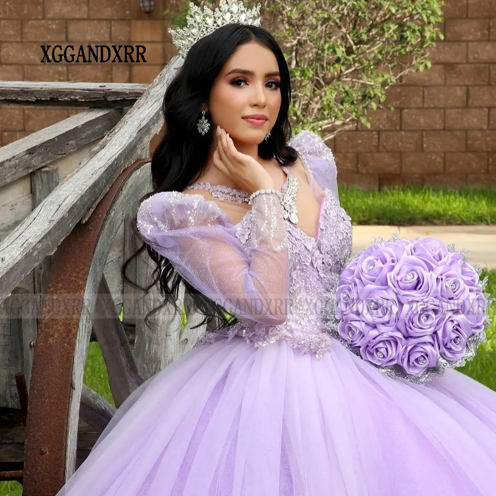 Vestido De princesa para quinceañera, manga larga, apliques De encaje con cuentas De cristal, flor dulce, púrpura, 16, 15 Años, 2024