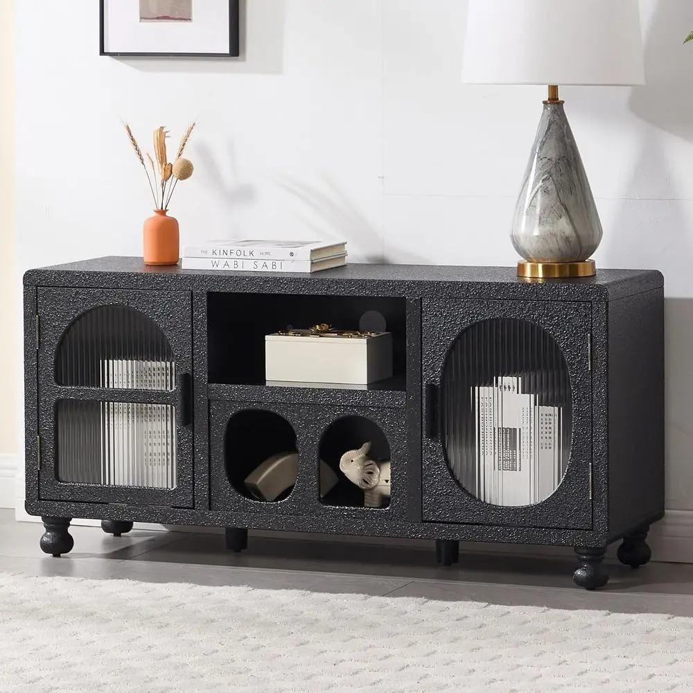 47 Wide Glass Door Accent Sideboard with Arched Doors and Shelf for Home Entryway, Black