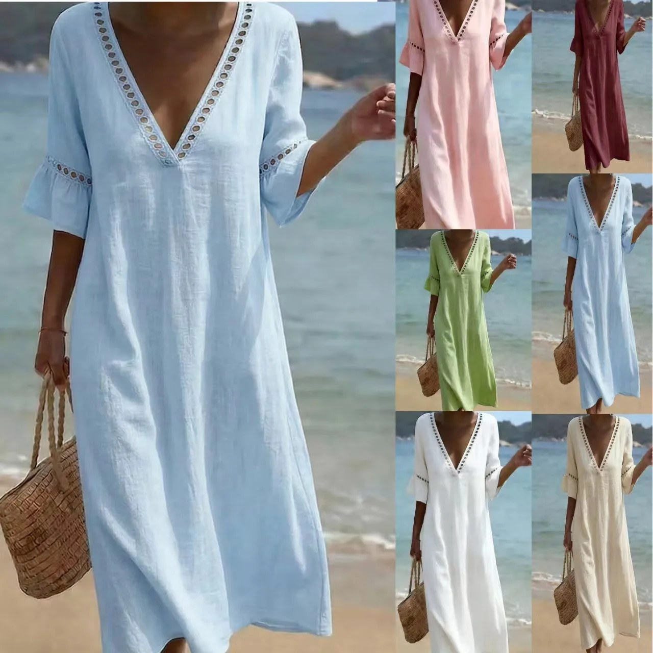 Boho Clothing Dress Women's Beachwear V Neck Lace Dresses Ruffle Puff Sleeve Maxi Dress Pastel Pink Mint Green Beach Dress