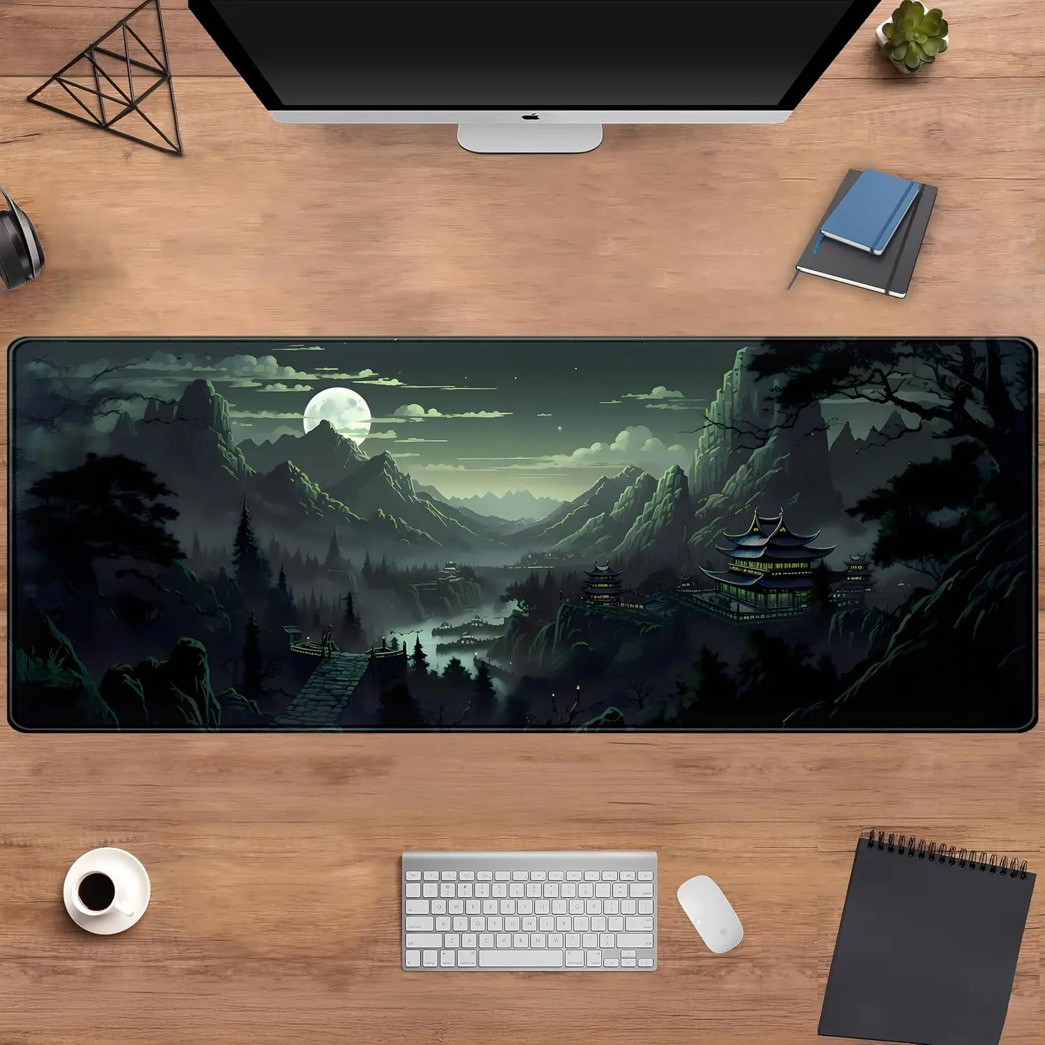 Chinese Moon Night Large Desk Mouse Pad, Misty Mountain Ancient Temple Pavilion Scenery Print, Non‑Slip Mat For Gaming Office 4