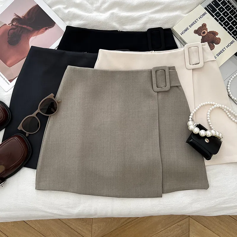 Women Y2k Khaki Mini Skirt Korean Style Fashion Vintage High Waist Suit Skirt Slit Mini A-Line Skirt For Women 2026 Summer New