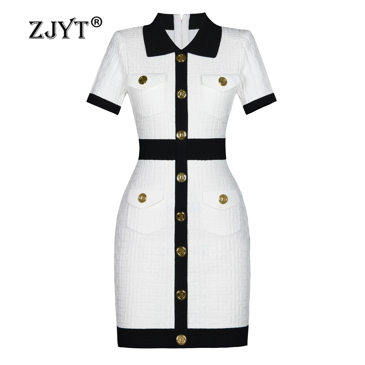 ZJYT Summer Women\'s Knitting Dress Hit Color Turn Down Collar Button Slim Sheath Party Dresses Sweaters Elegant Vestidos Female