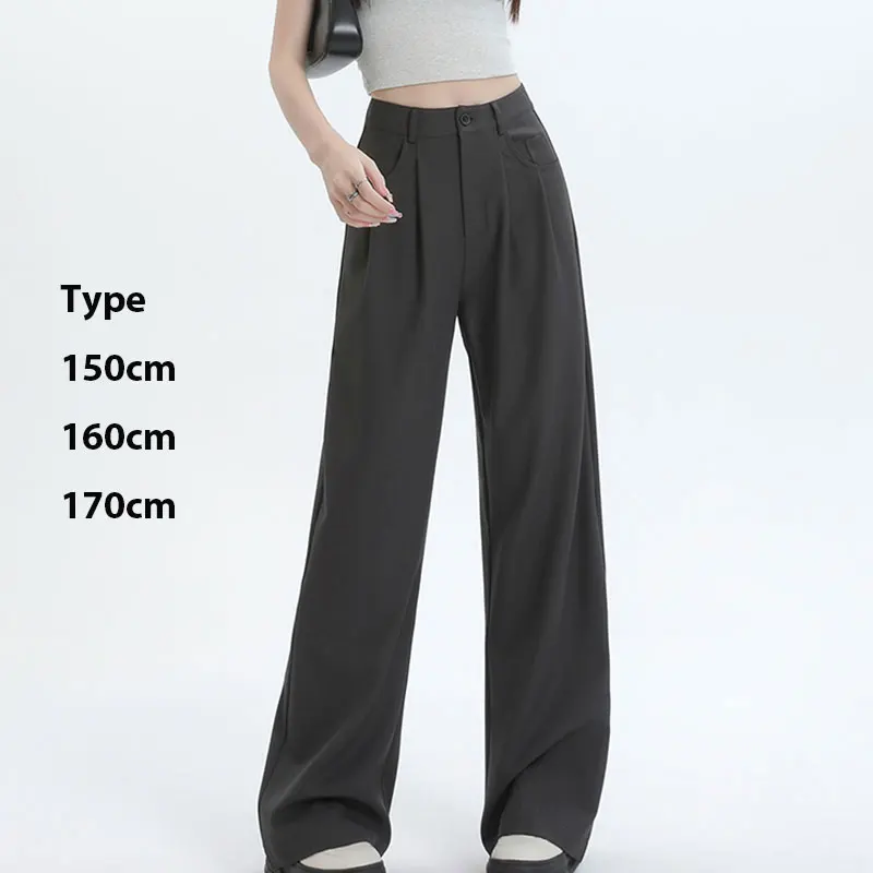 Kinsaga Gray High Waist Pleated Suit Pants Women Korean Pear Shape Slimming Straight Drape Mopping Pants Petite Girls Trousers