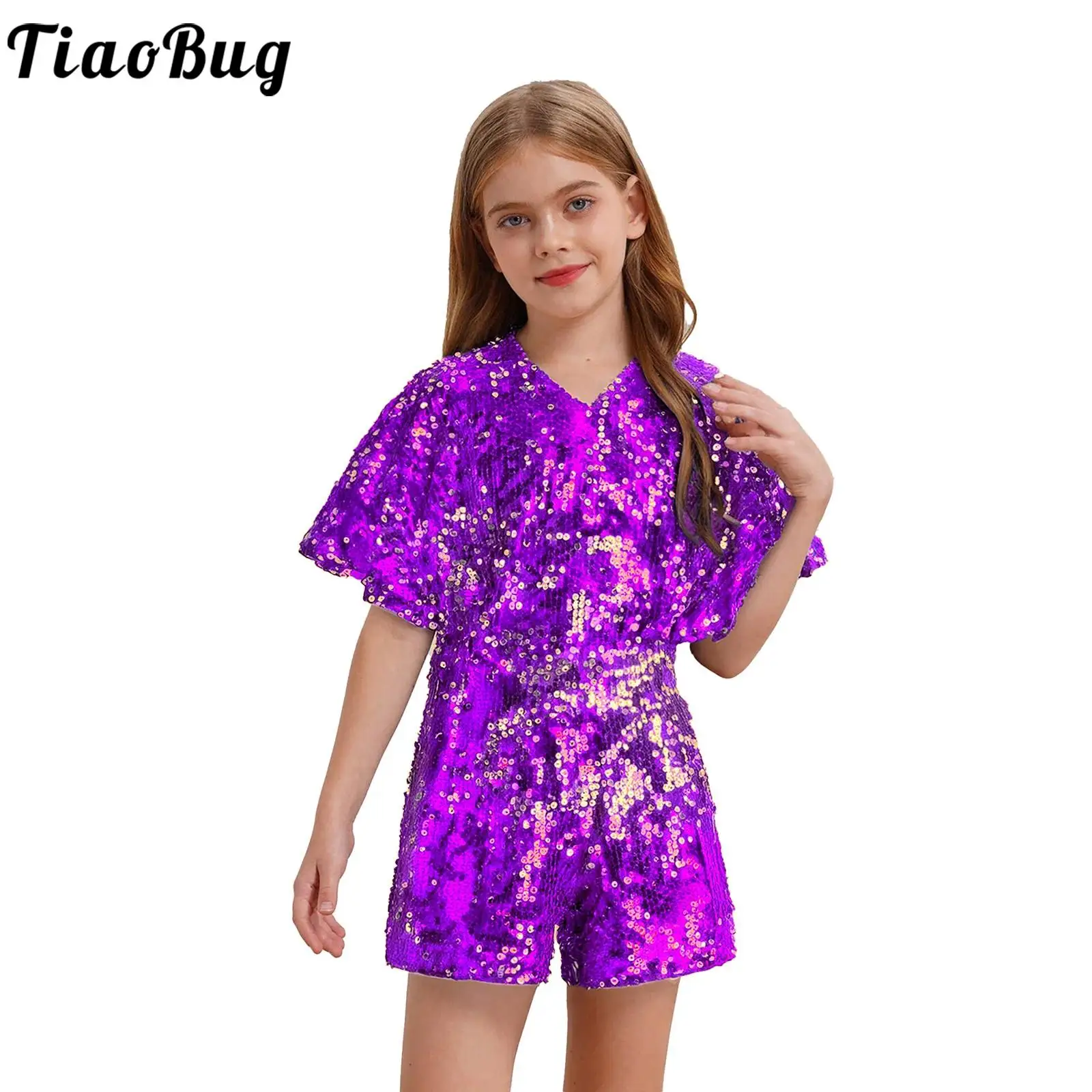 

Kids Girls Ballroom Jazz Dance Jumpsuit Shiny Sequins Cap Sleeve Rompers Wedding Party Pageant Prom Stage Performance Dancewear
