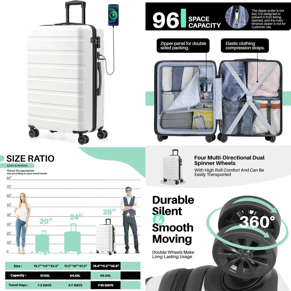 

Легкий чемодан из АБС-пластика с USB-портом, замком TSA, колесами и большой вместительностью 28 дюймов — белый