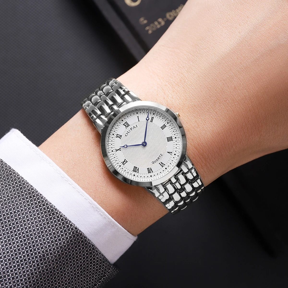 Мужские часы Oupai, серебристые, круглые, тонкие, толщиной 7 мм, циферблат, ремешок из нержавеющей стали, кварцевый механизм, повседневная классика