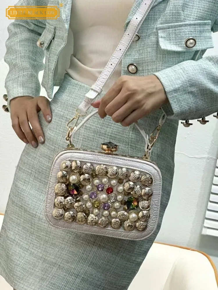 

Retro Fashion Versatile Women Buckle PU Leather Square Mini Bag Beading Handbag Elegant Female Underarm Crossbody Shoulder Bag