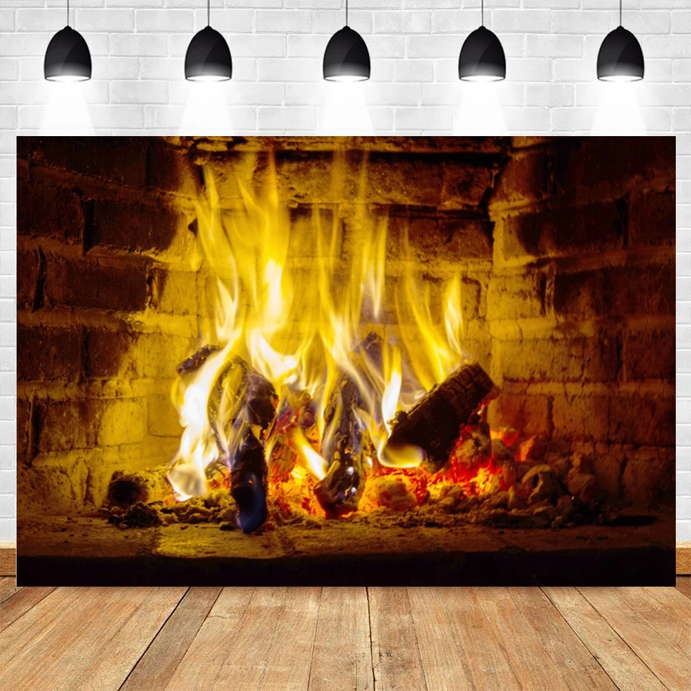 Burning Flame Photography Backdrop Winter Christmas Brick Fireplace Wood Fire Wallpaper Adults Baby Portrait Photo Background