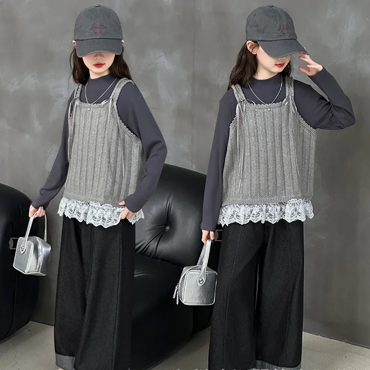 

Осенний детский комплект из 3 предметов для девочек, однотонный топ с круглым вырезом + лоскутный вязаный топ + джинсовые штаны, комплекты для маленьких девочек с длинными рукавами, детские комплекты для девочек