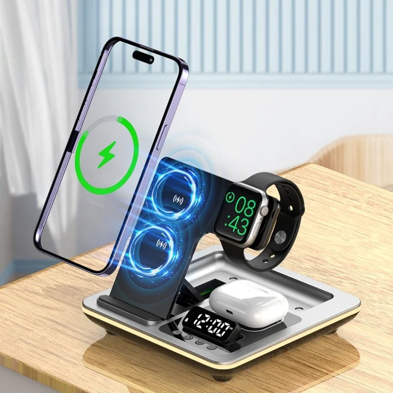 5 in 1 Warm Light Wireless Charger Dock Fast Charging Station for Apple Airpods iWatch iPhone 12 13 14 15 16 17 with Alarm clock - view 3
