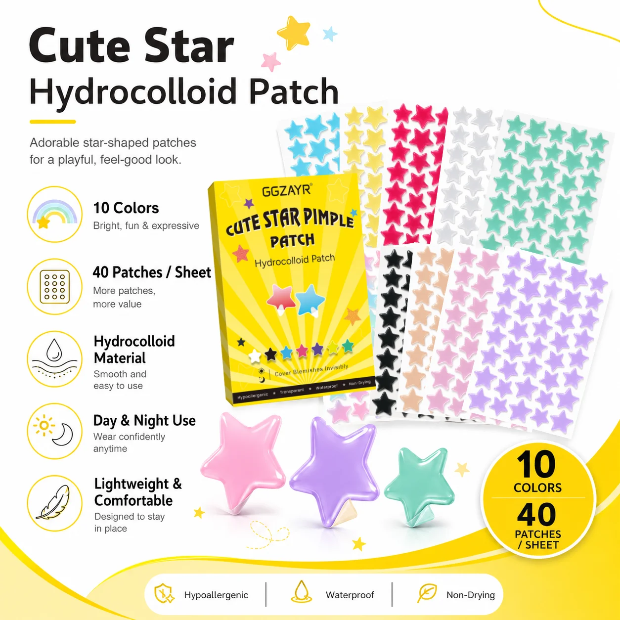 400/800PCS Colorful Star Hydrocolloid Pimple Patch Cute Acne Spot Stickers Waterproof Face Blemish Cover Patches for Daily Care