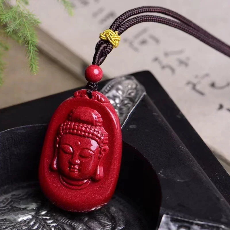 

Mencheese Natural Cinnabar Sakyamuni Buddha Head Pendant High Content Purple Gold Sand Necklace Woolen Chain Couple Pendant